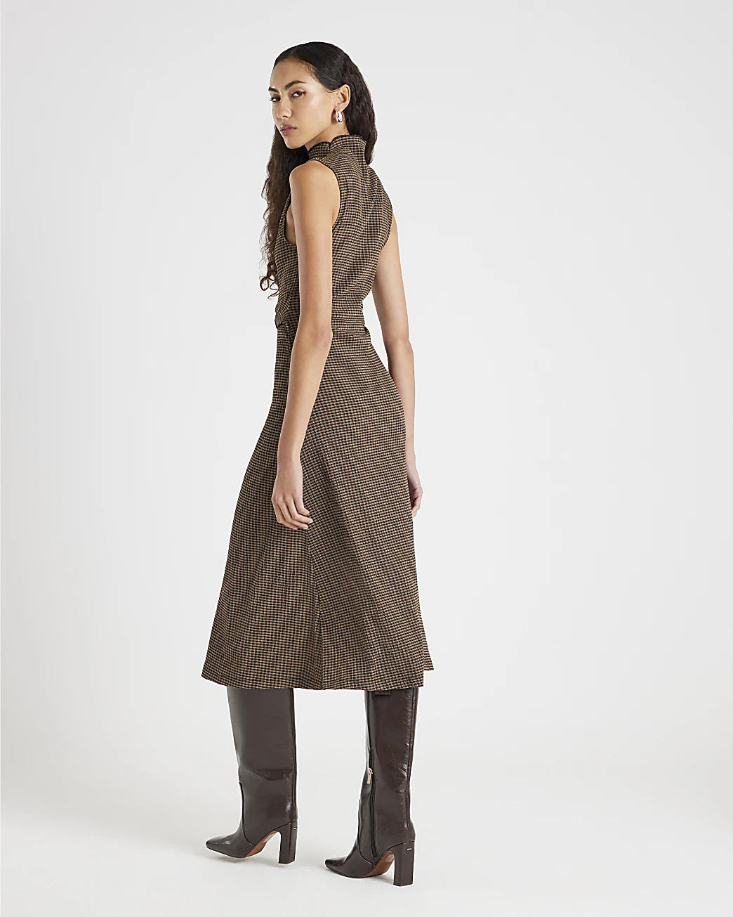 Brown Twist Side Check Dress