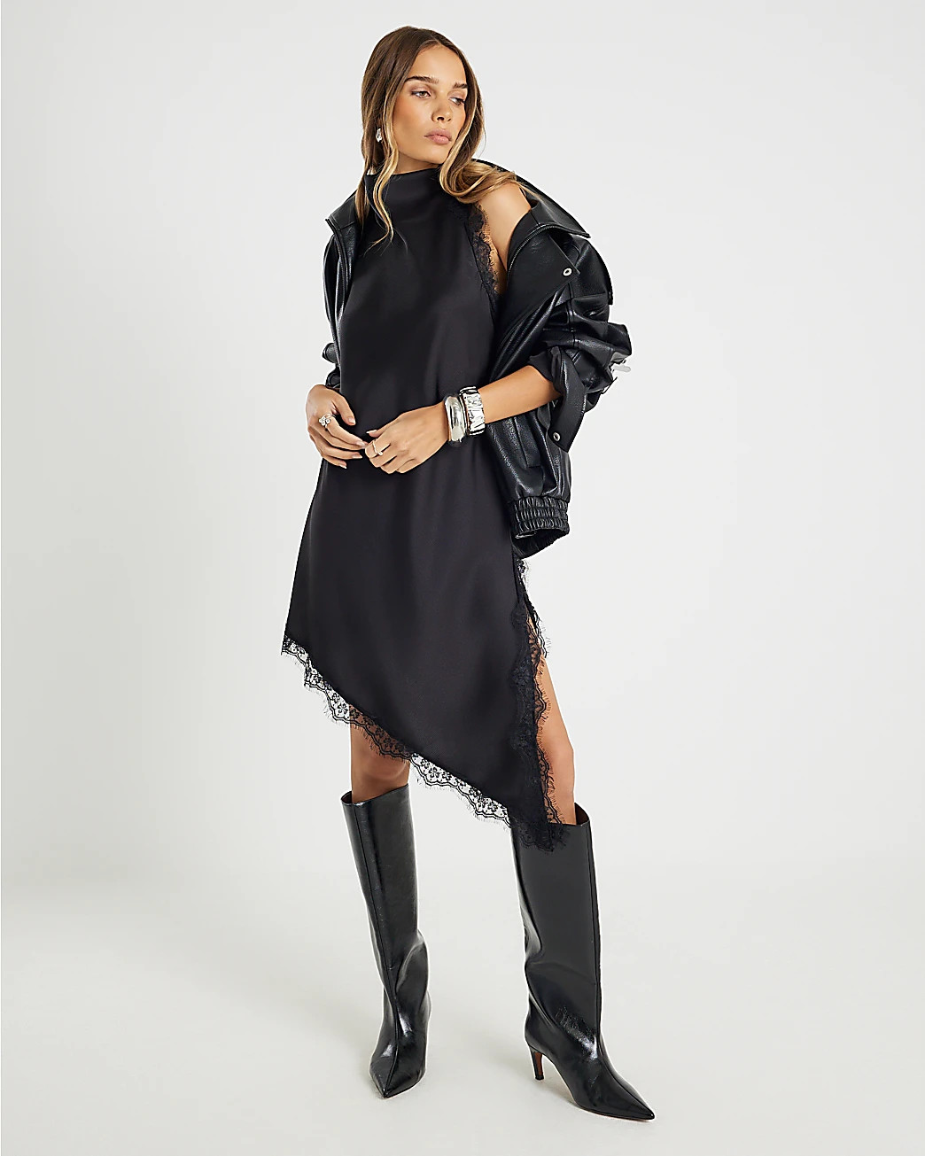 Black Sleeveless Longline Lace Trim Dress