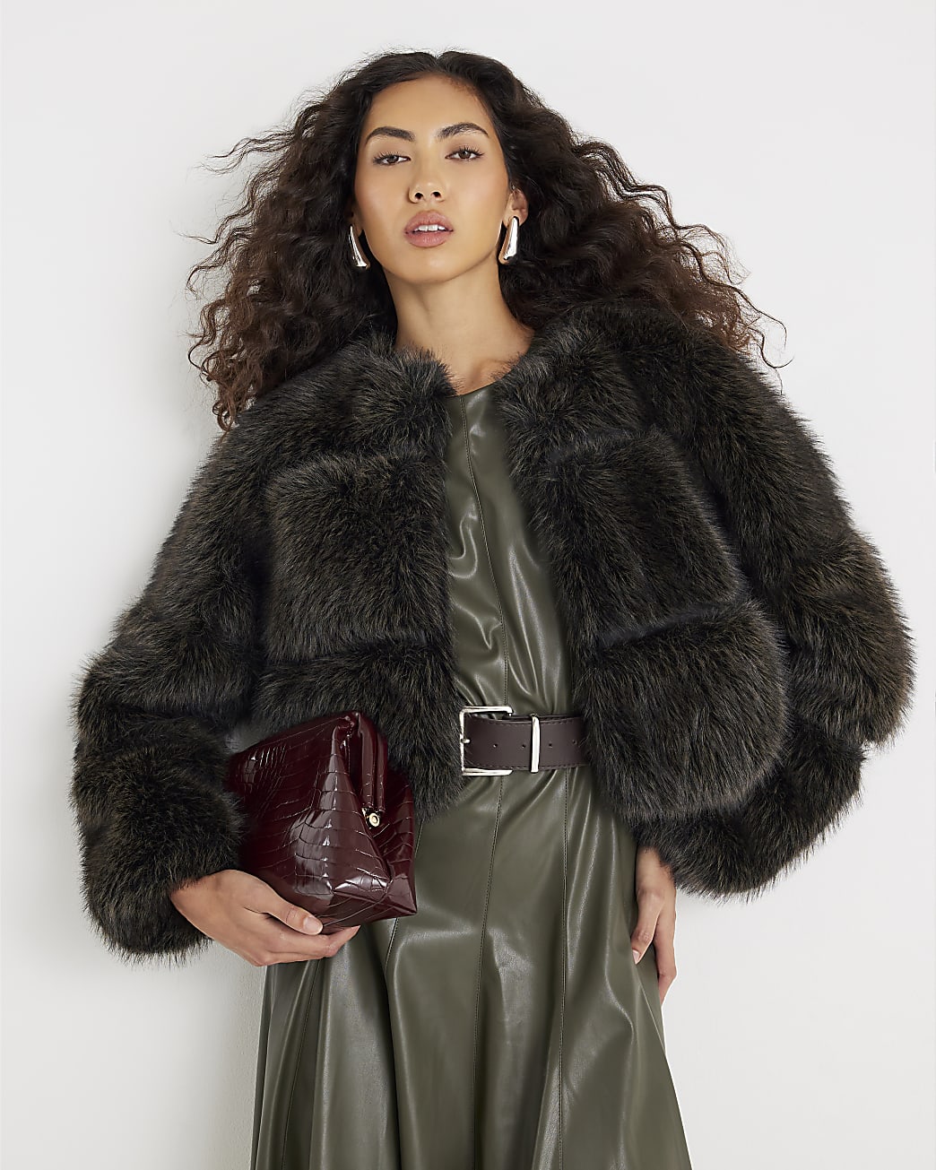Brown Cropped Faux Fur Jacket