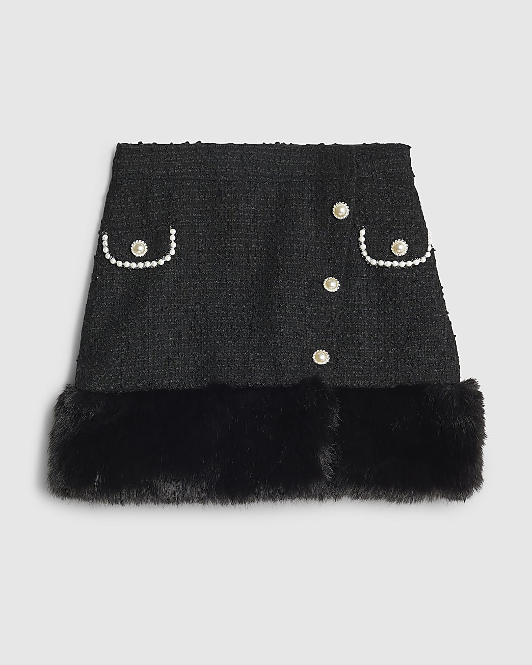 Black Boucle Faux Fur Trim Mini Skirt